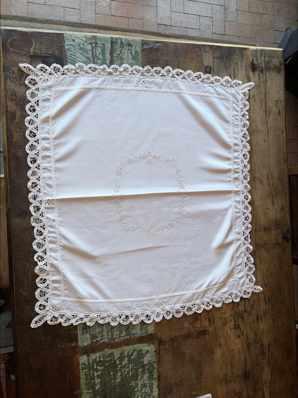 Vintage Off-White Linen Table Topper 30x33 Hand Embroidered Cutwork Lace